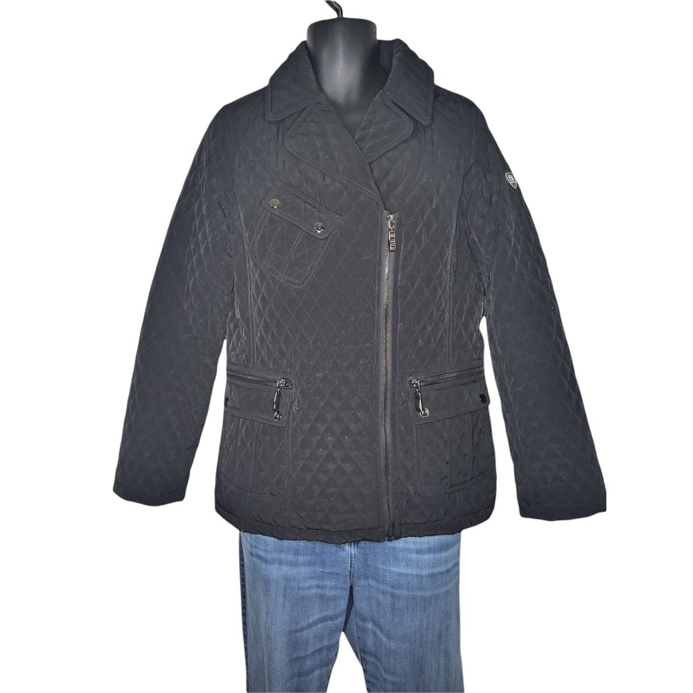 Womens Large Jacket Moto Black Quilted Faux Fur Lined Asymmetric Blanc Noir